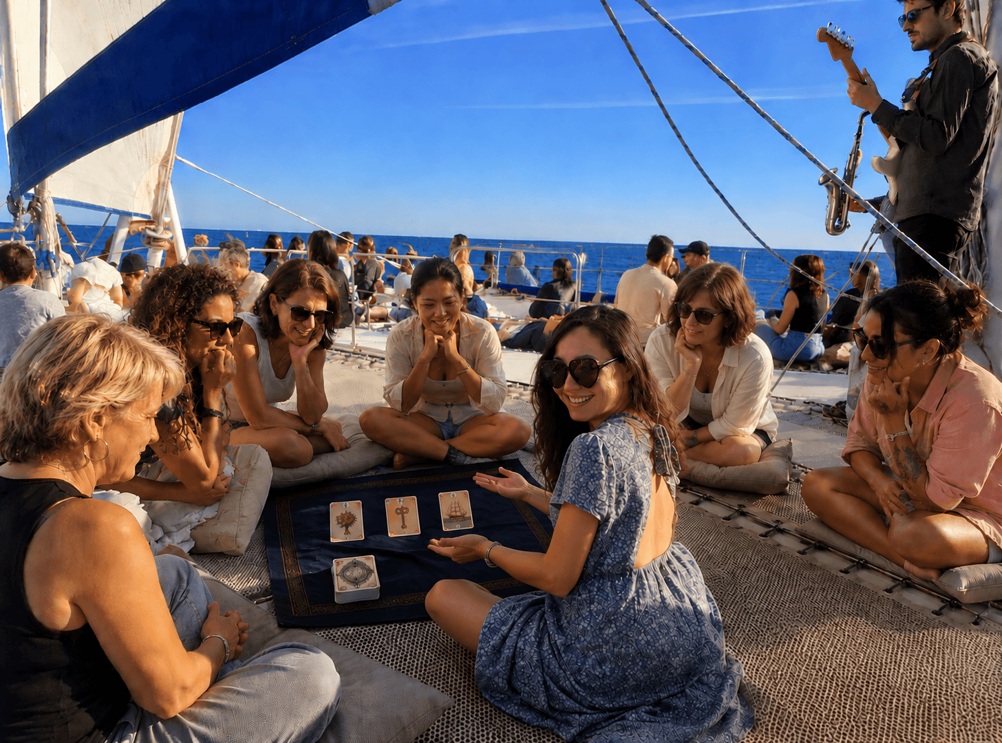 Groupe EVJF pendant une animation tarot sur un bateau à Barcelone