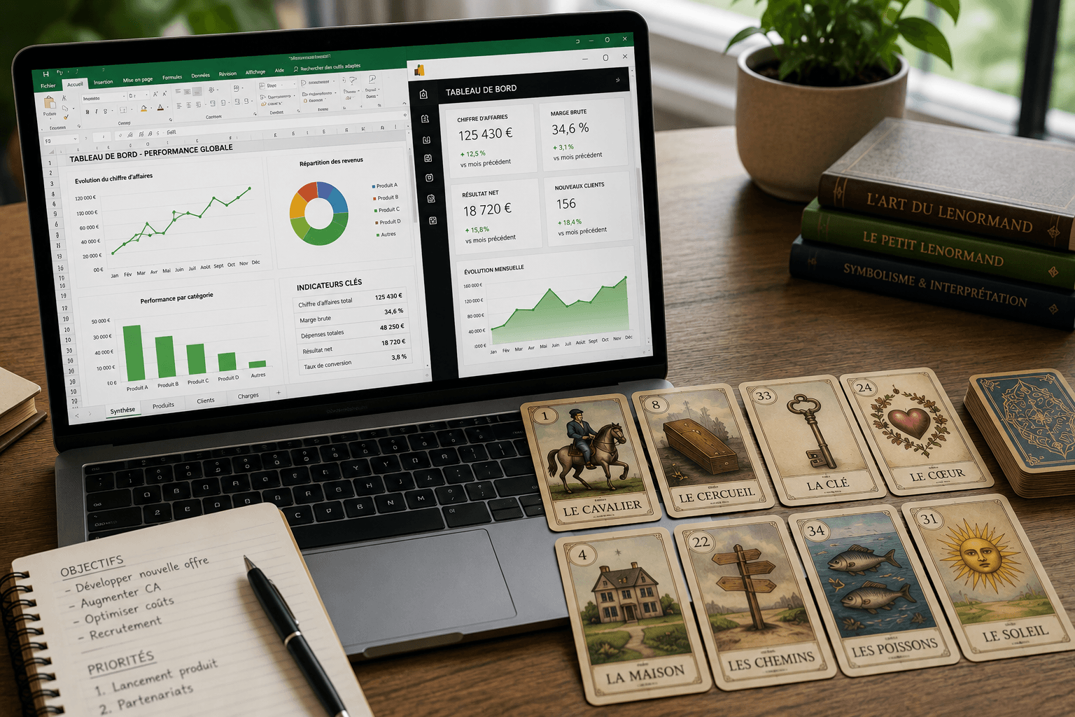 Bureau professionnel avec un ordinateur affichant un tableau de bord et des cartes du Petit Lenormand posées à côté